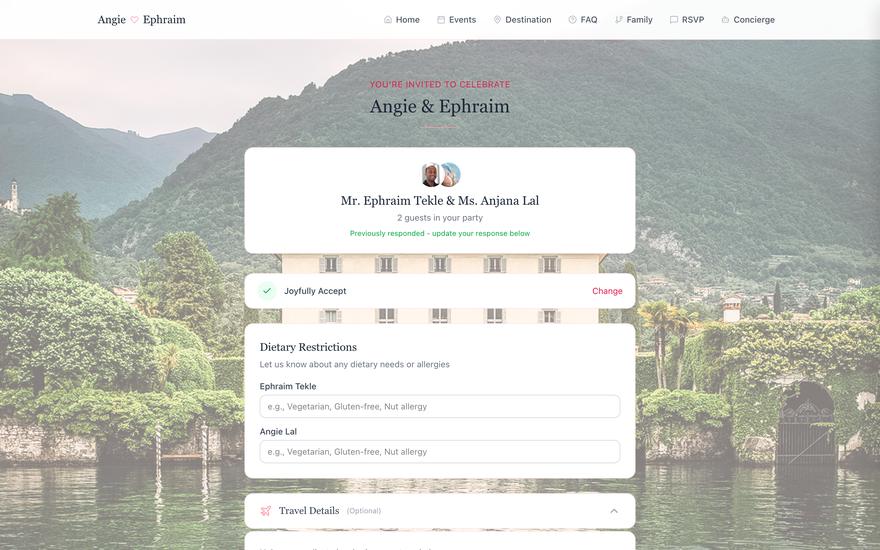 Personal RSVP: party card, joyful accept, dietary, travel — update any time